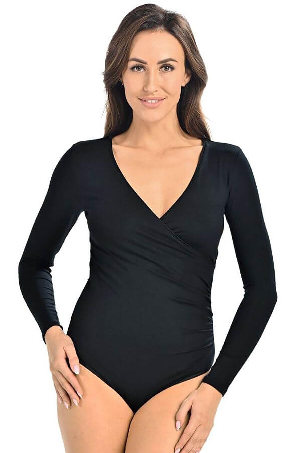 Black V-neck long-sleeve shapewear bodysuit with fitted wrap-style front