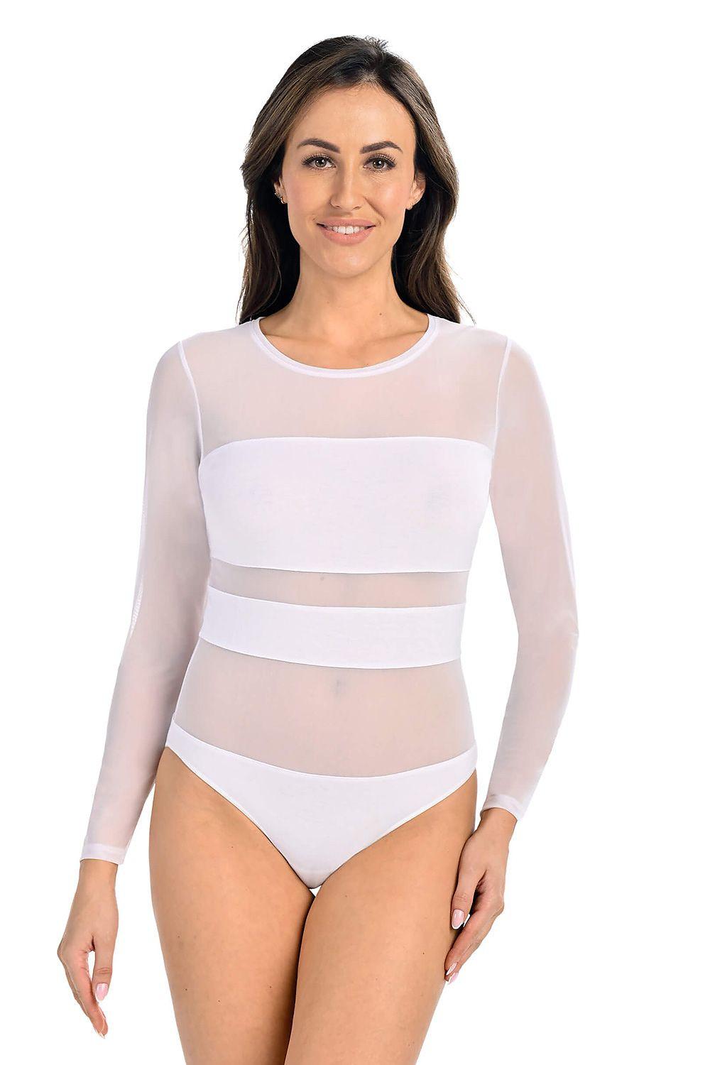 White mesh shapewear bodysuit with long sleeves and high-cut briefs, front bands