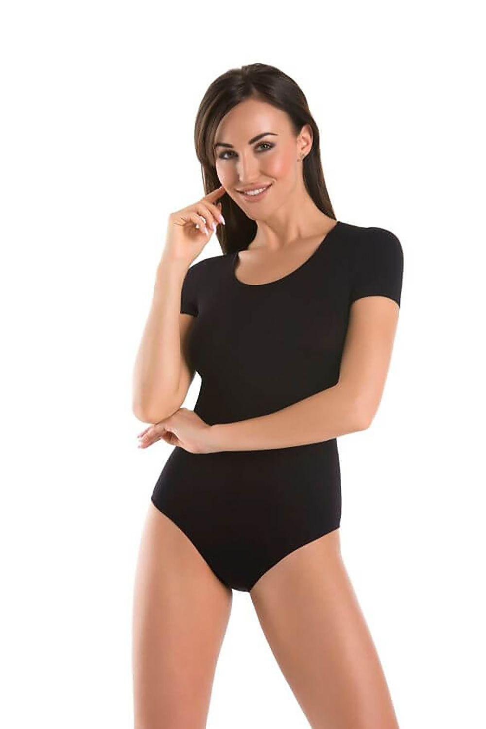 Black shapewear bodysuit with short sleeves and scoop neckline, full brief coverage