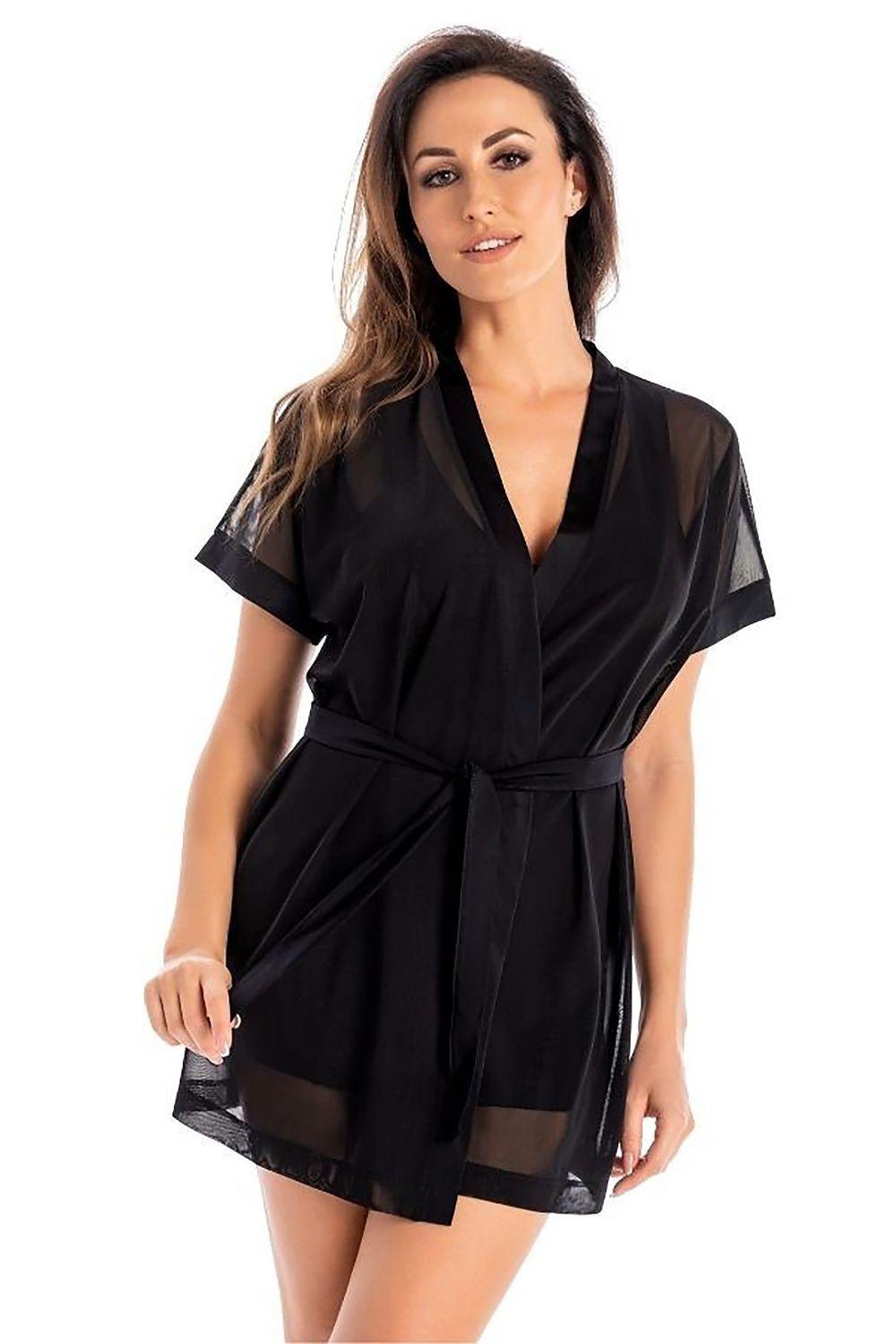 Black sheer dressing gown with V-neck, short sleeves, and tie waist belt