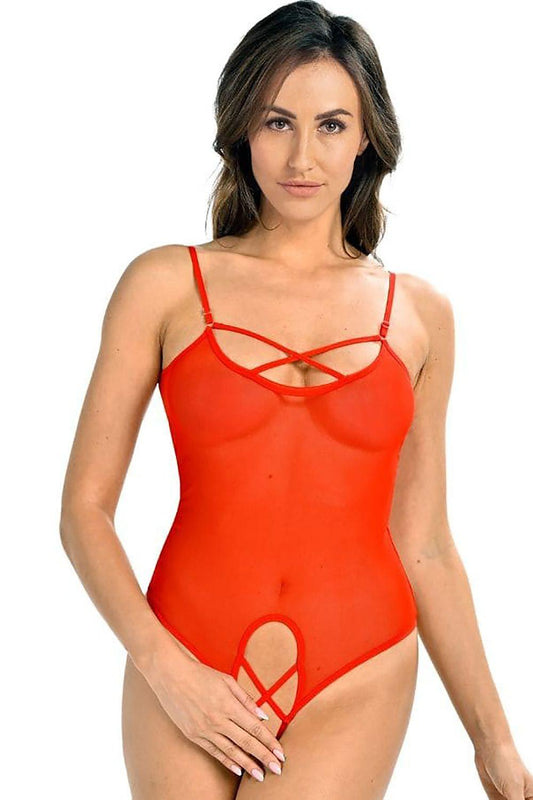 Teyli shapewear bodysuit in red, strappy front with crisscross neckline and underband