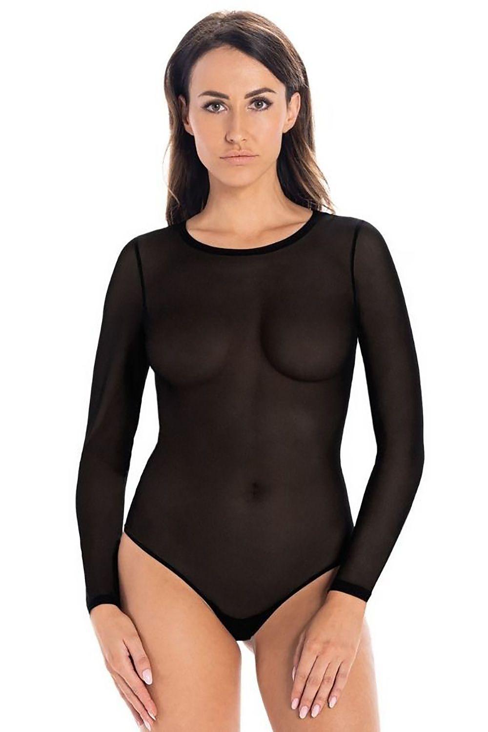 Black long-sleeve shapewear bodysuit with sheer fabric and scoop neckline