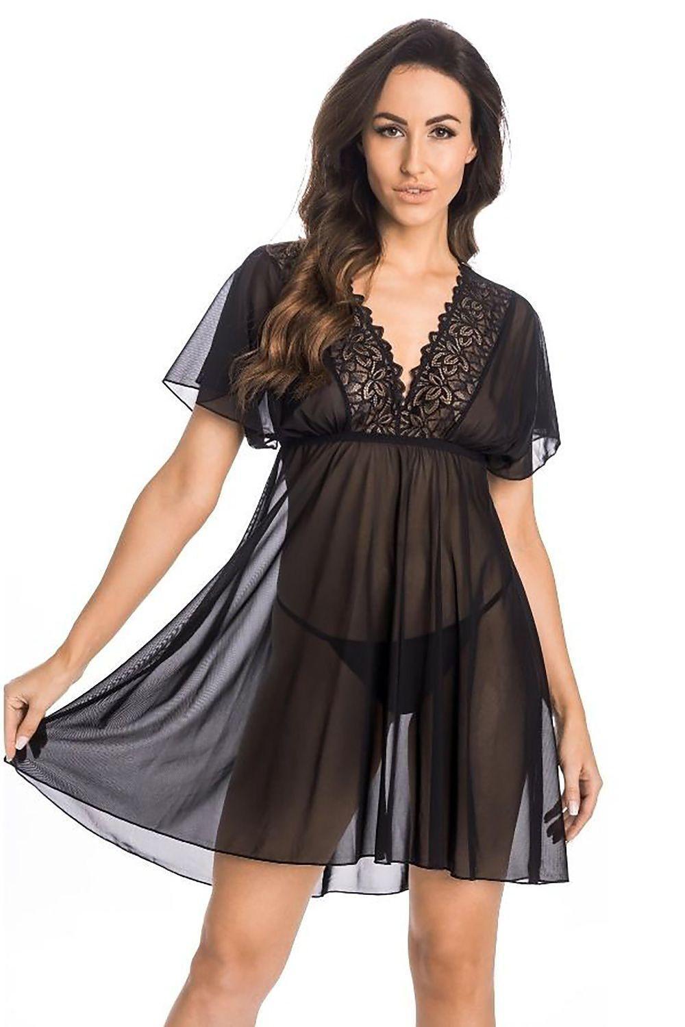 Black sheer mesh nightshirt with lace V-neck and flared short sleeves