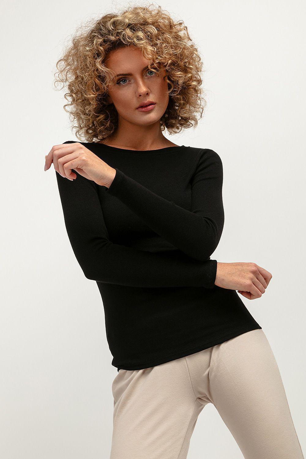 Tessita ribbed blouse, black fitted long-sleeve top with crew neckline