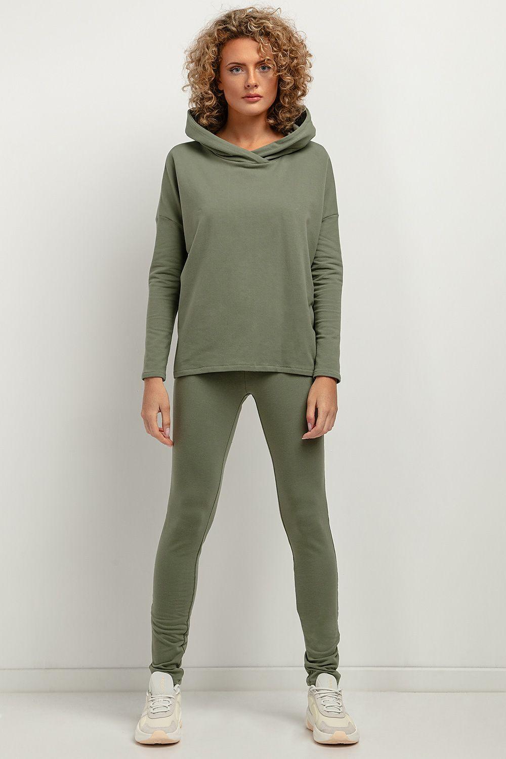 Long cotton leggings in olive green, fitted full-length style.
