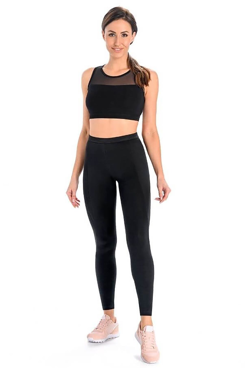 Black long cotton leggings with high-rise waistband, fitted stretch design