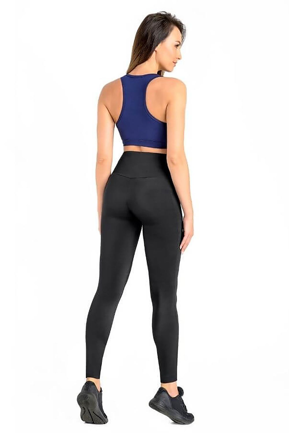 High-rise long black leggings, back view, smooth stretchy Lycra fabric