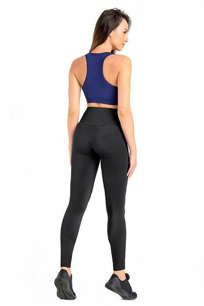 High-rise long black leggings, back view, smooth stretchy Lycra fabric