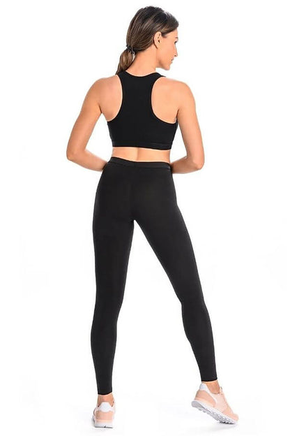 Black high-waist stretch cotton leggings, full-length, back view