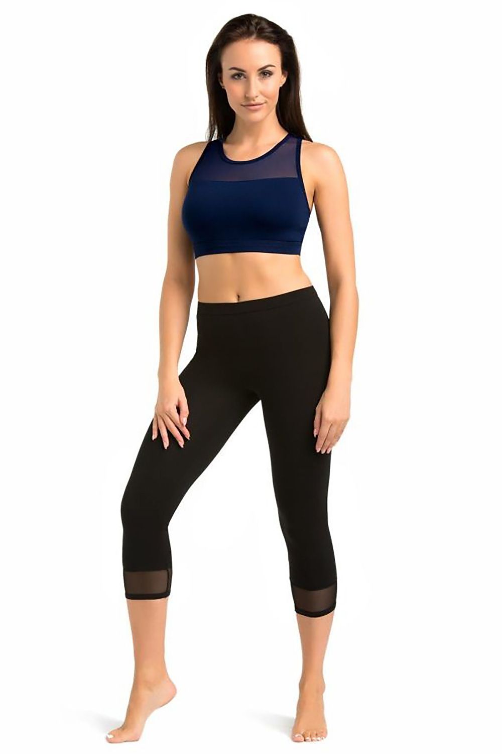 3/4 black leggings with mesh trim at hem, high-rise waistband
