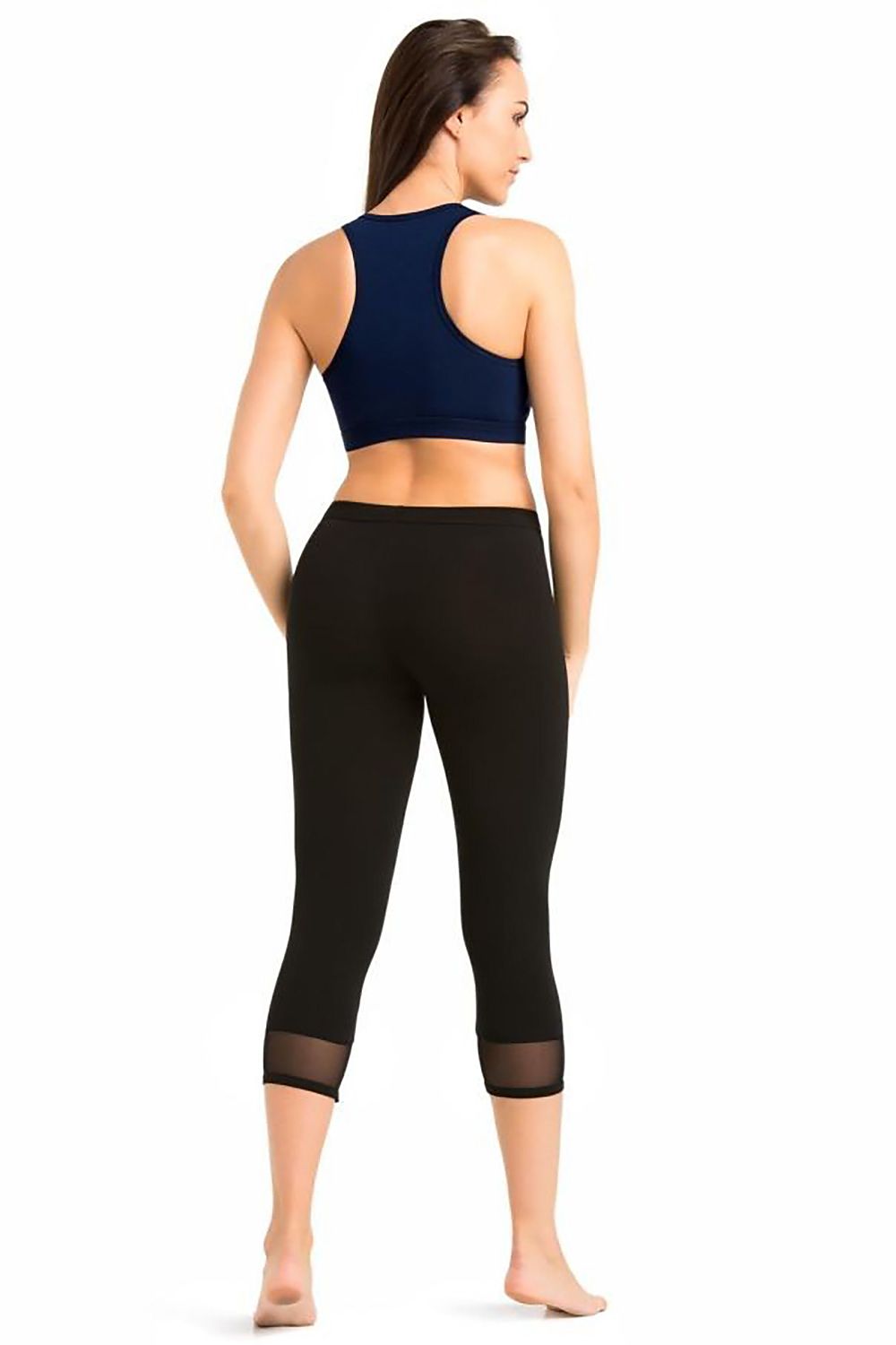 3/4 black leggings with mesh trim at cuffs, back view