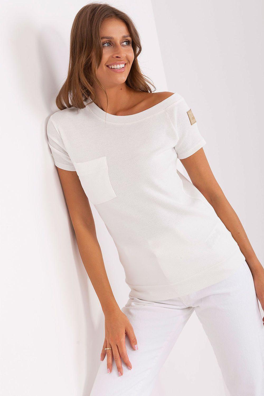 White short-sleeve blouse with asymmetrical neckline and front patch