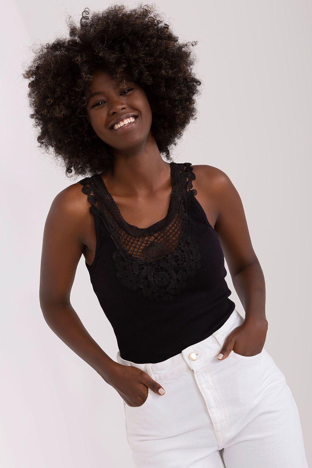Black ribbed cotton tank top with lace-trim neckline