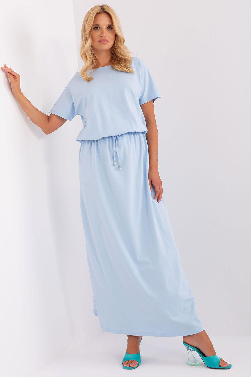 Light blue daydress with short sleeves and gathered waist, ankle-length skirt