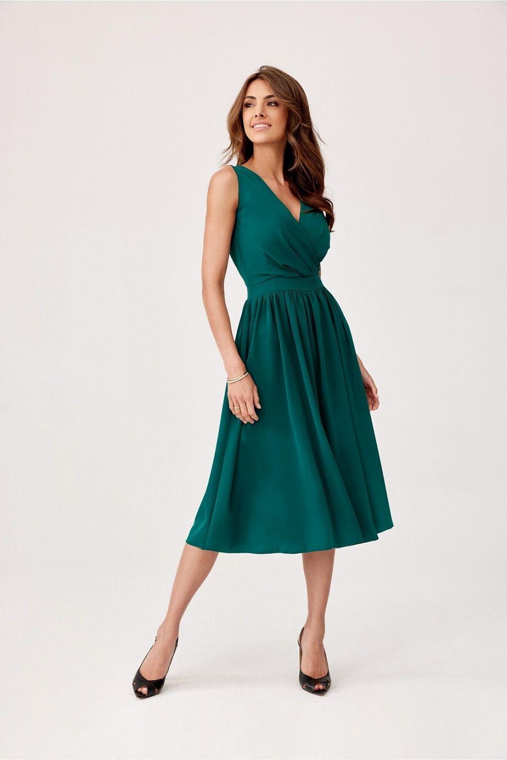 Green V-neck sleeveless midi cocktail dress with gathered waist and pleated skirt