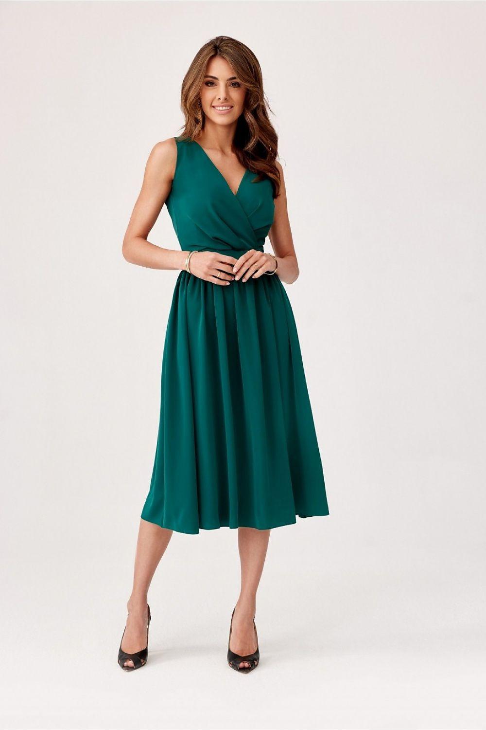 Green V-neck sleeveless midi cocktail dress with draped bodice and pleated skirt