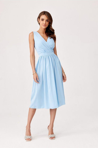Blue V-neck sleeveless midi cocktail dress with gathered waist and pleated skirt