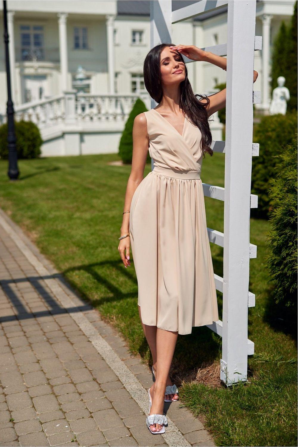 Cocktail dress, sleeveless V-neck, beige gathered waist, midi skirt