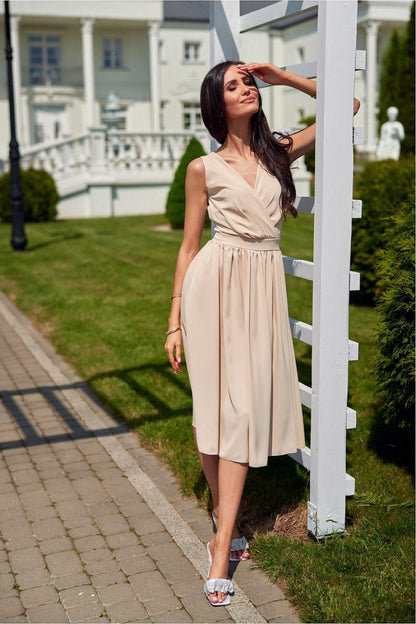 Cocktail dress, sleeveless V-neck, beige gathered waist, midi skirt