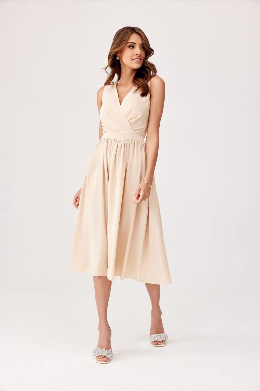 Cocktail dress, sleeveless V-neck, beige gathered waist, midi length