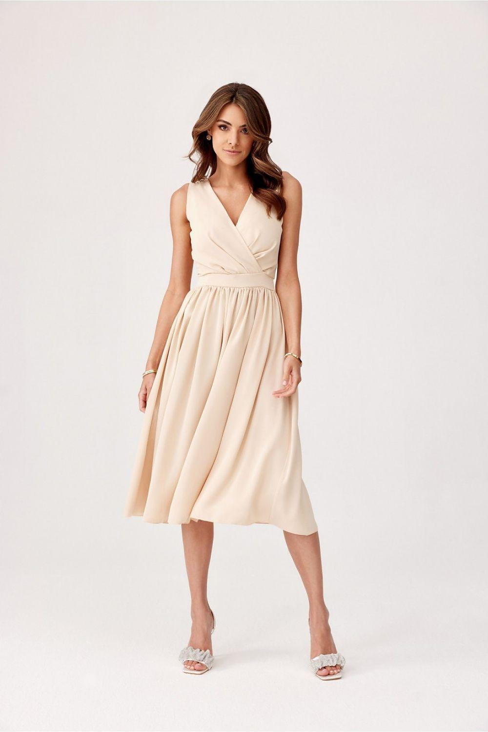 Cocktail dress, sleeveless V-neck, light beige gathered waist, midi length