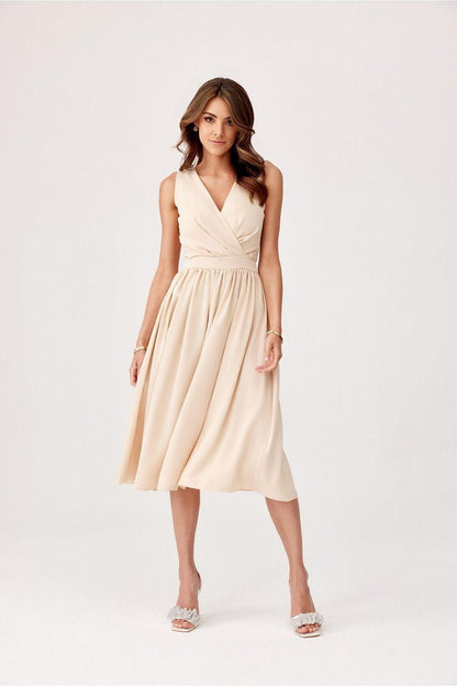 Cocktail dress, sleeveless V-neck, light beige gathered waist, midi length