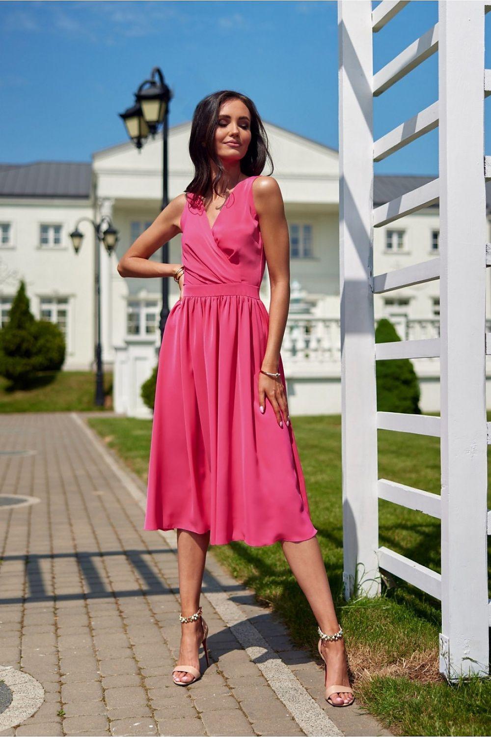 Cocktail dress, sleeveless V-neck, pink gathered waist, midi skirt