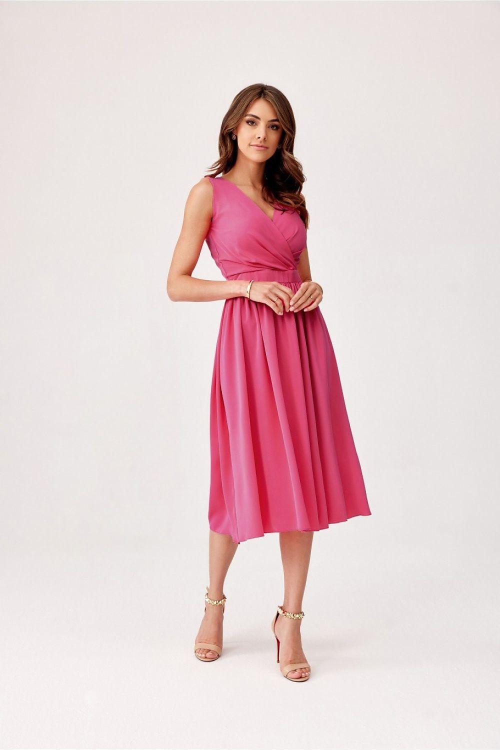 Cocktail dress, sleeveless V-neck, bright pink gathered waist, midi skirt