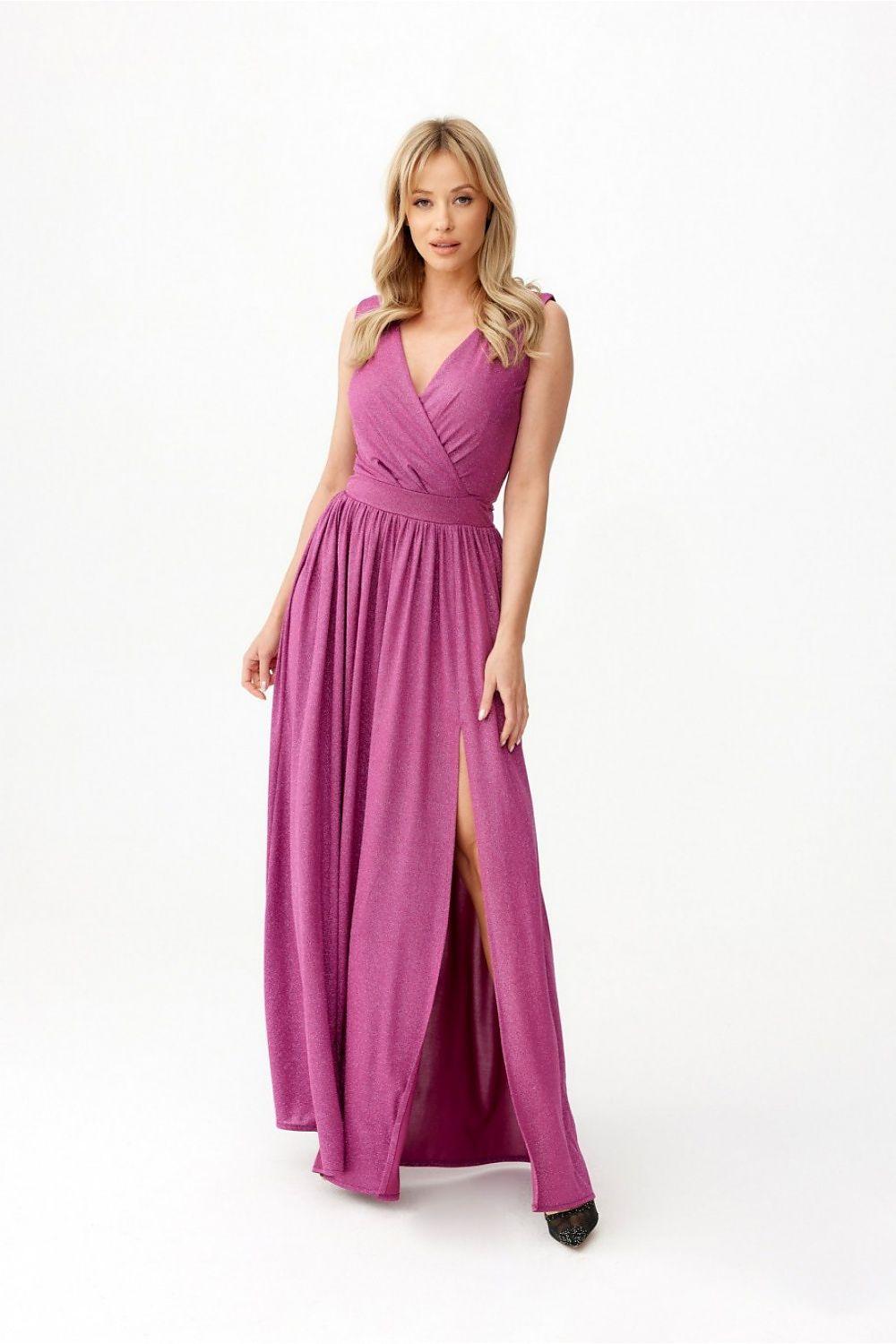 Long dress by Roco Fashion in mauve pink, V-neck sleeveless maxi with side slit