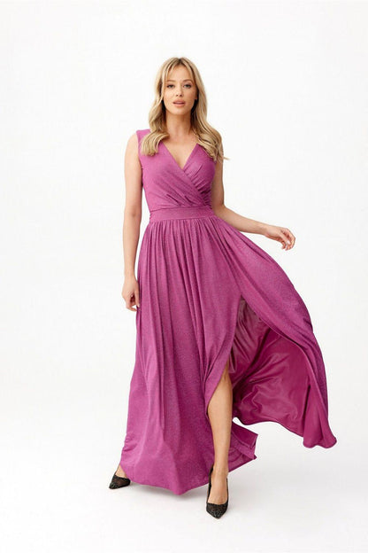 Long sleeveless maxi dress in violet with V-neck, ruched waist, and side slit skirt