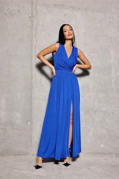 Blue long sleeveless dress with V-neck, ruched waist, and thigh-high slit.