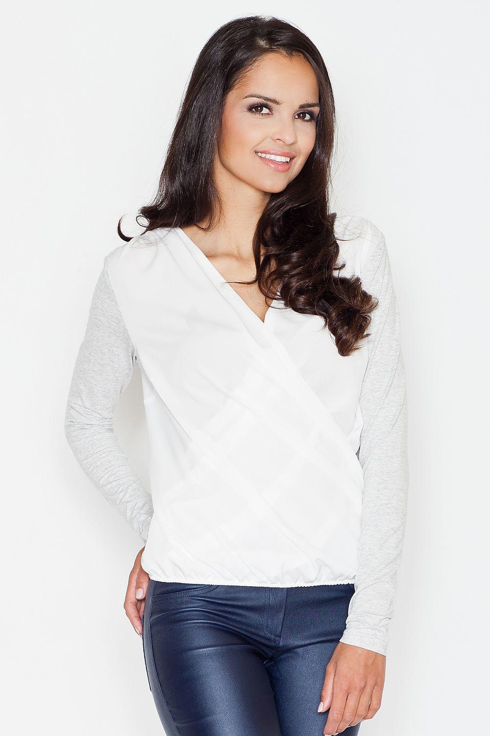 White wrap-style blouse with V-neck and long sleeves