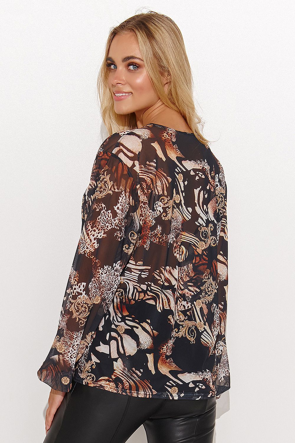 Floral animal print mesh blouse with long sleeves and button placket