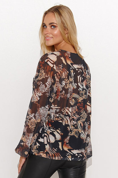 Floral animal print mesh blouse with long sleeves and button placket