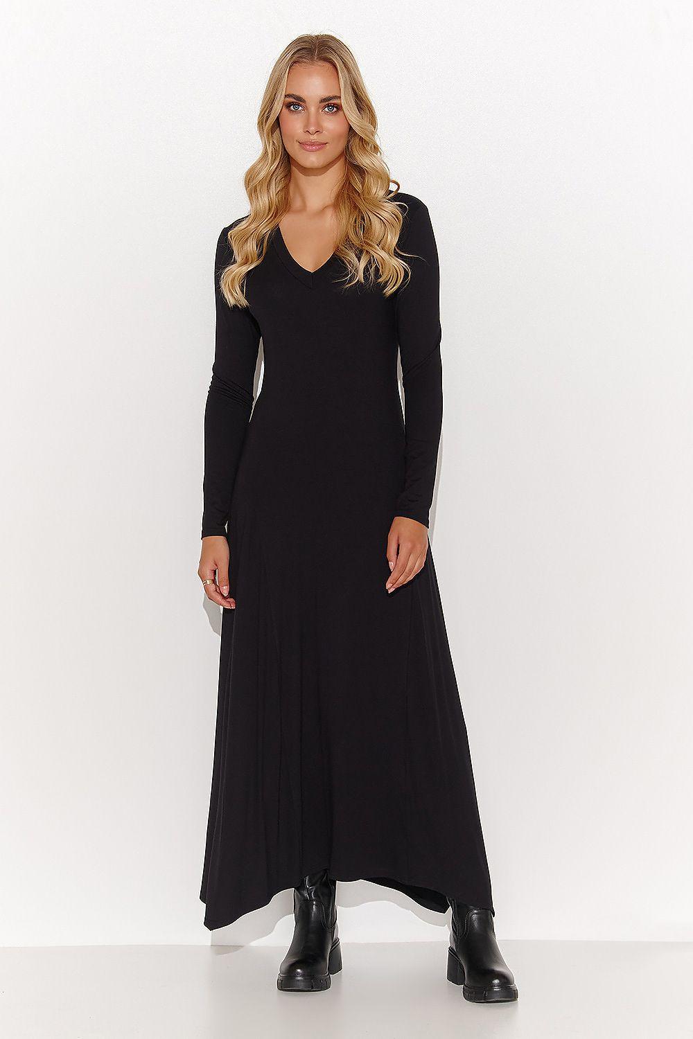 Makadamia black V-neck long-sleeve daydress, fitted waist, maxi length