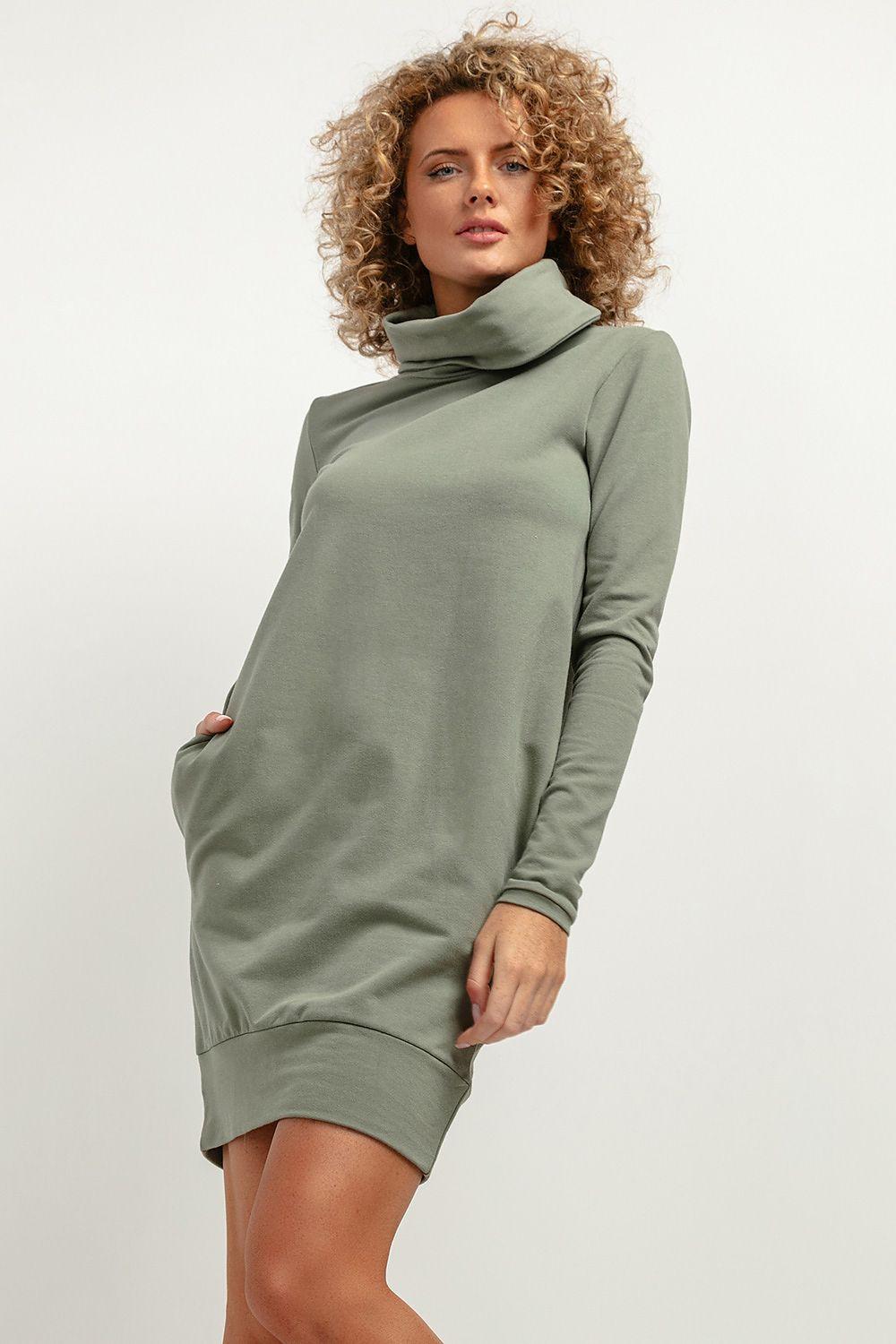 Turtleneck daydress in sage green, long sleeves, short length with cowl neck