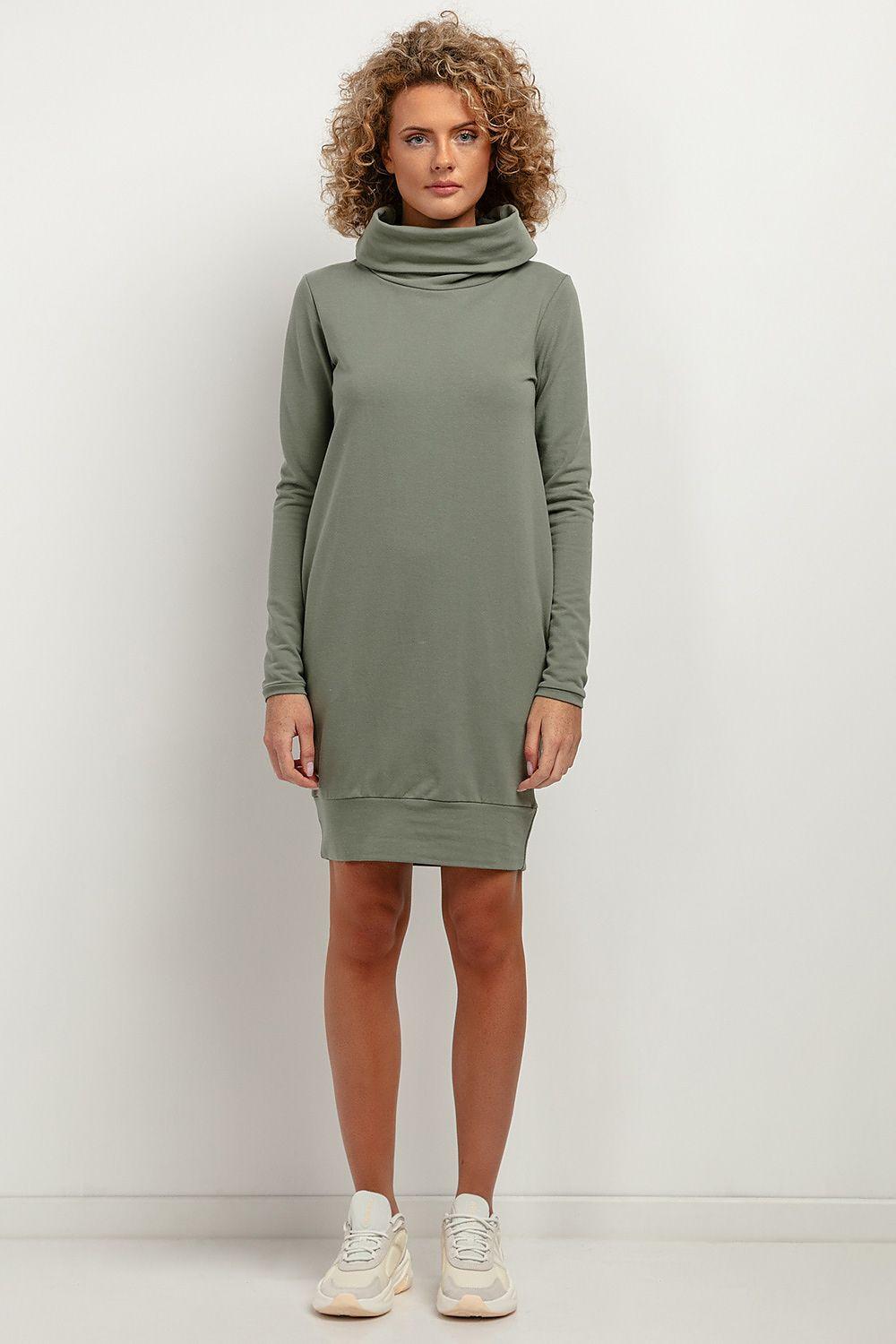 Turtleneck daydress in sage green, long sleeves, short straight hem