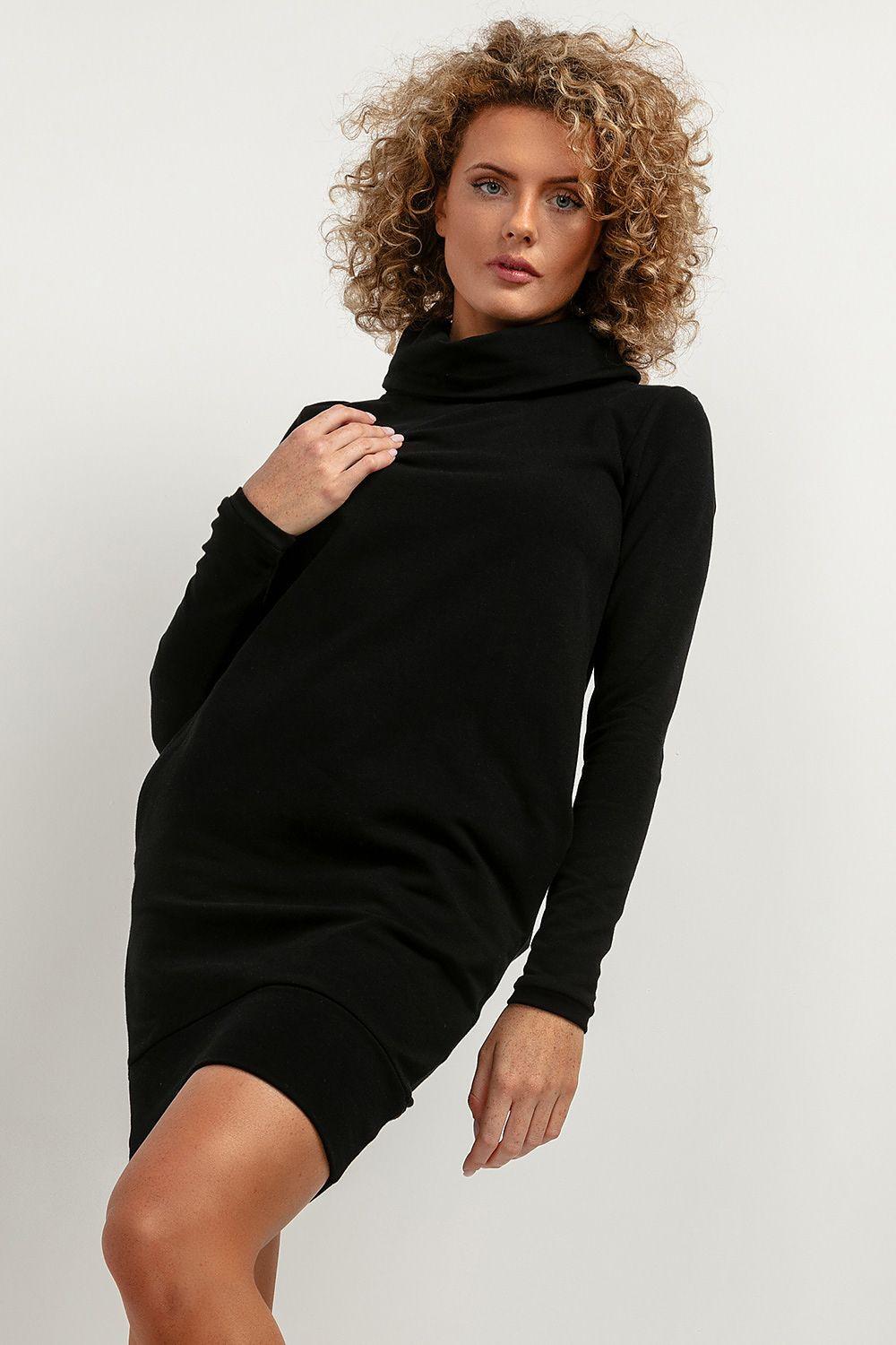 Turtleneck daydress in black, long sleeves with cowl neck