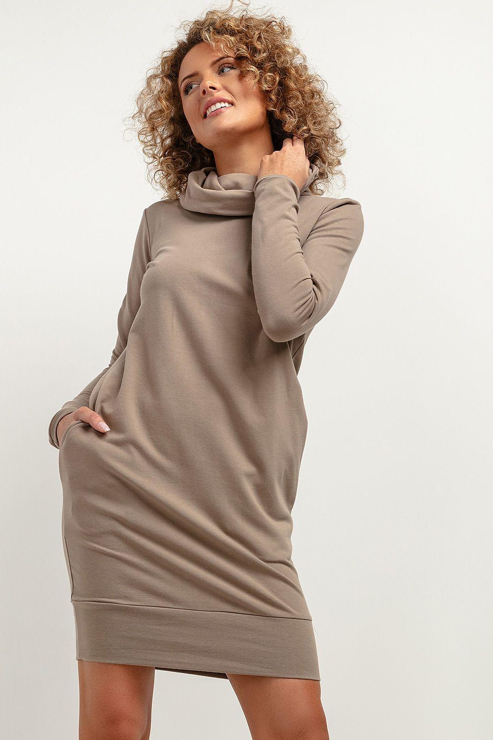 Turtleneck daydress in taupe, long sleeves, short length with cowl neck