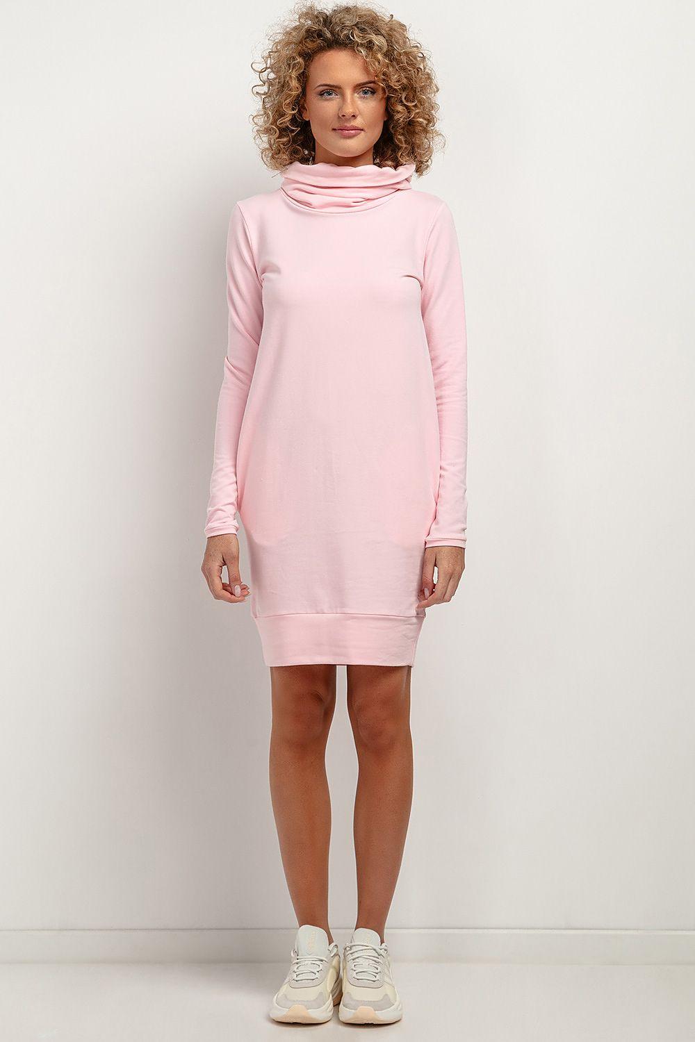Pink long-sleeve daydress with draped cowl neck and straight short silhouette