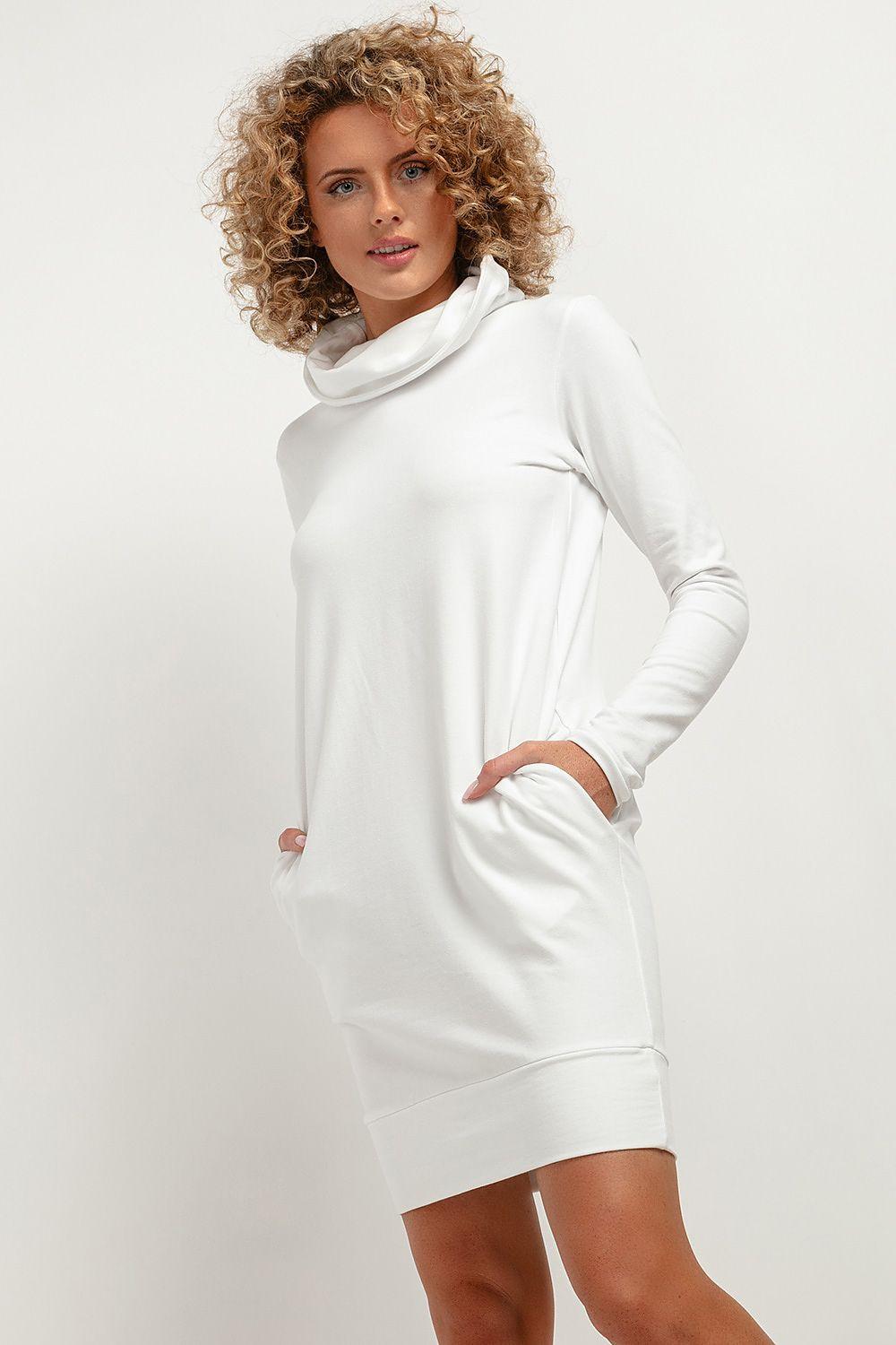 Women’s cowl-neck daydress in white with long sleeves and front pocket detail