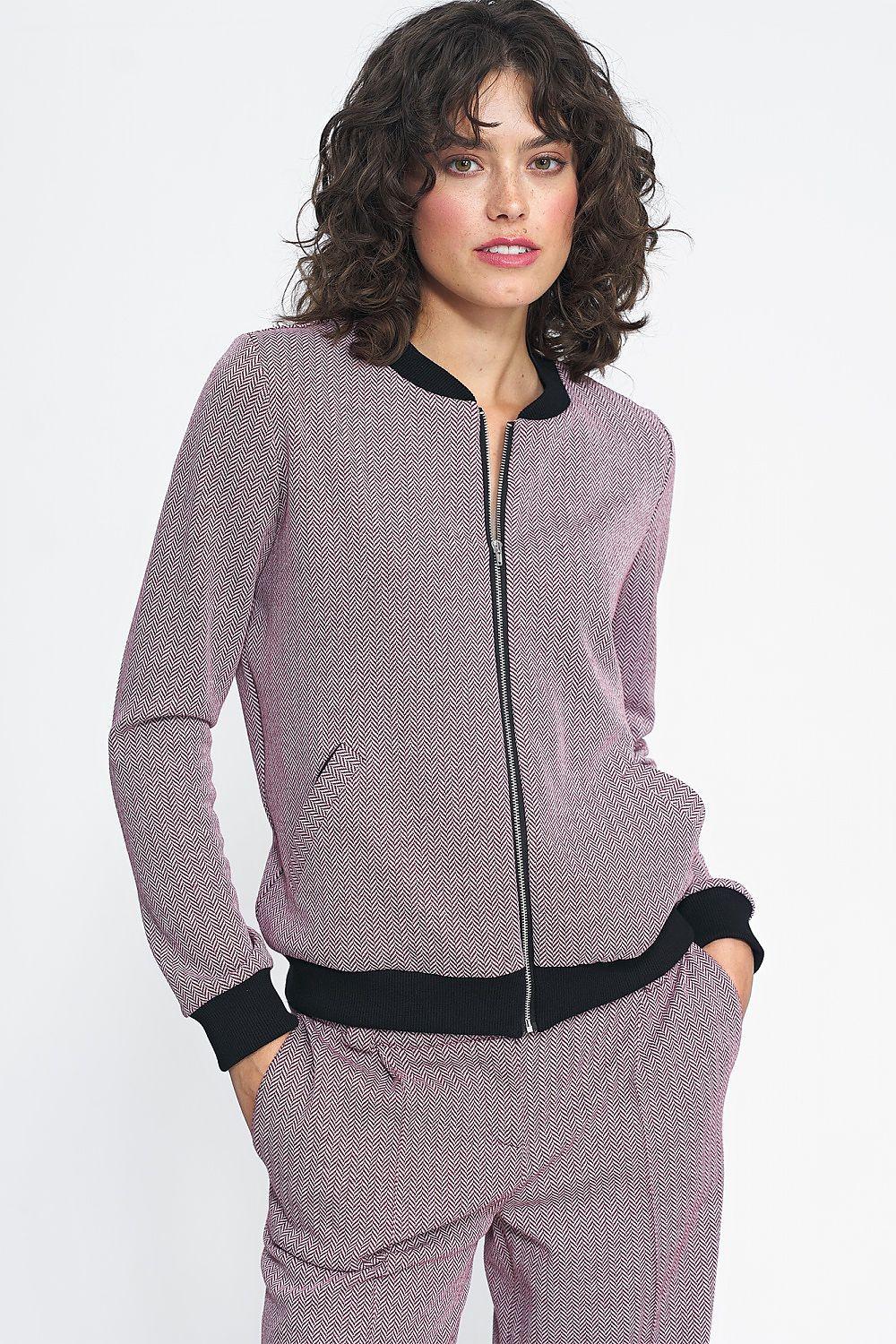 Women’s bomber jacket with herringbone texture, front zip, and black ribbed trim