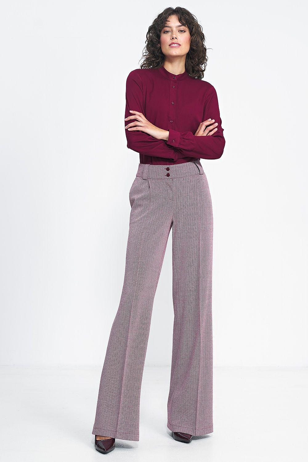 High-waist wide-leg trousers in heather mauve with button front and side pockets.
