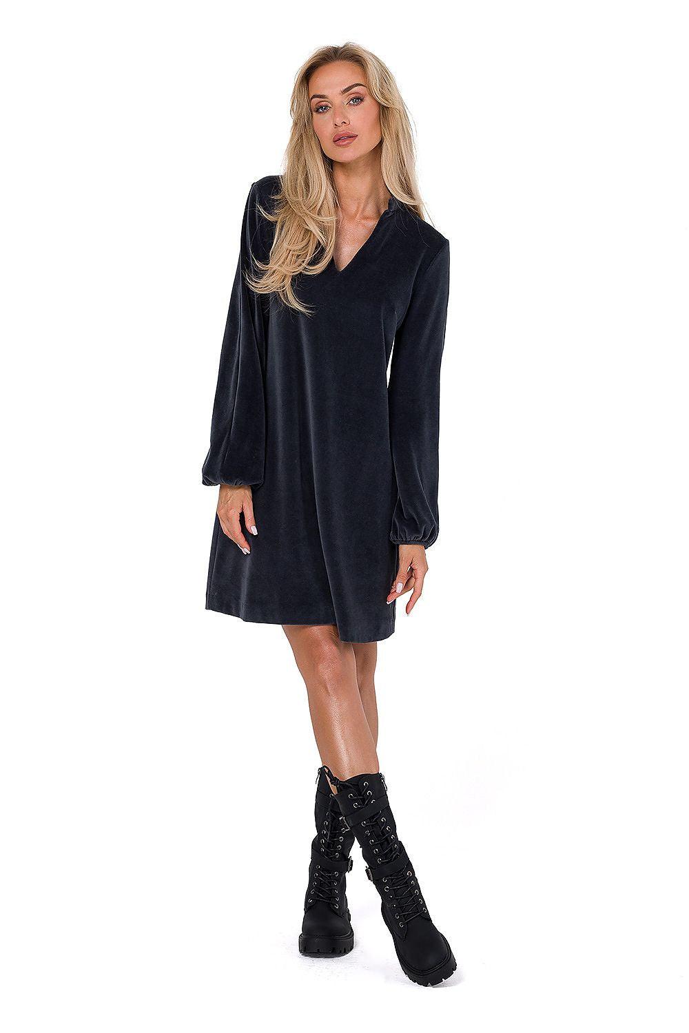 Dark V-neck long-sleeve mini daydress with loose silhouette and gathered cuffs