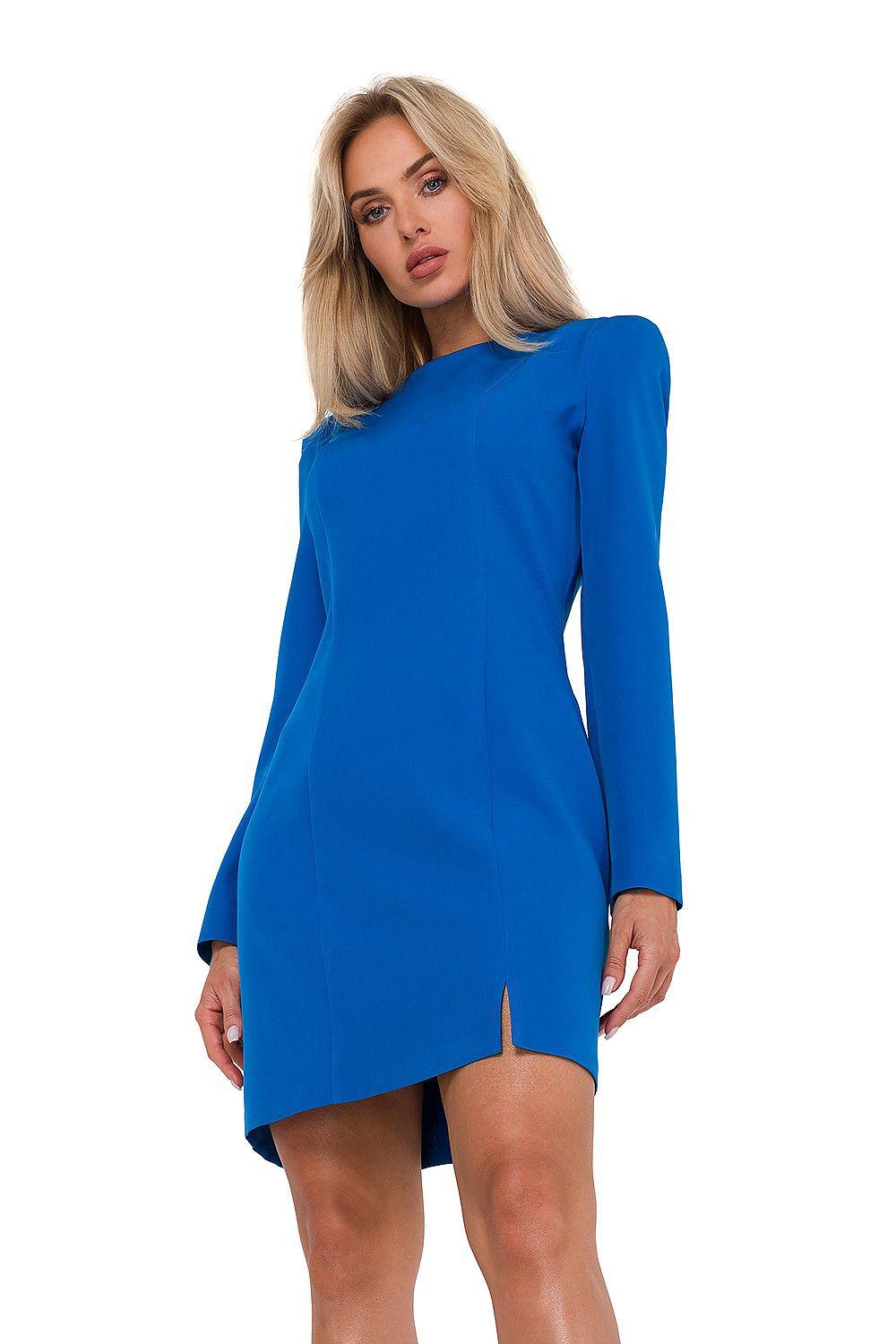Blue long-sleeve daydress with fitted bodice and straight skirt hem