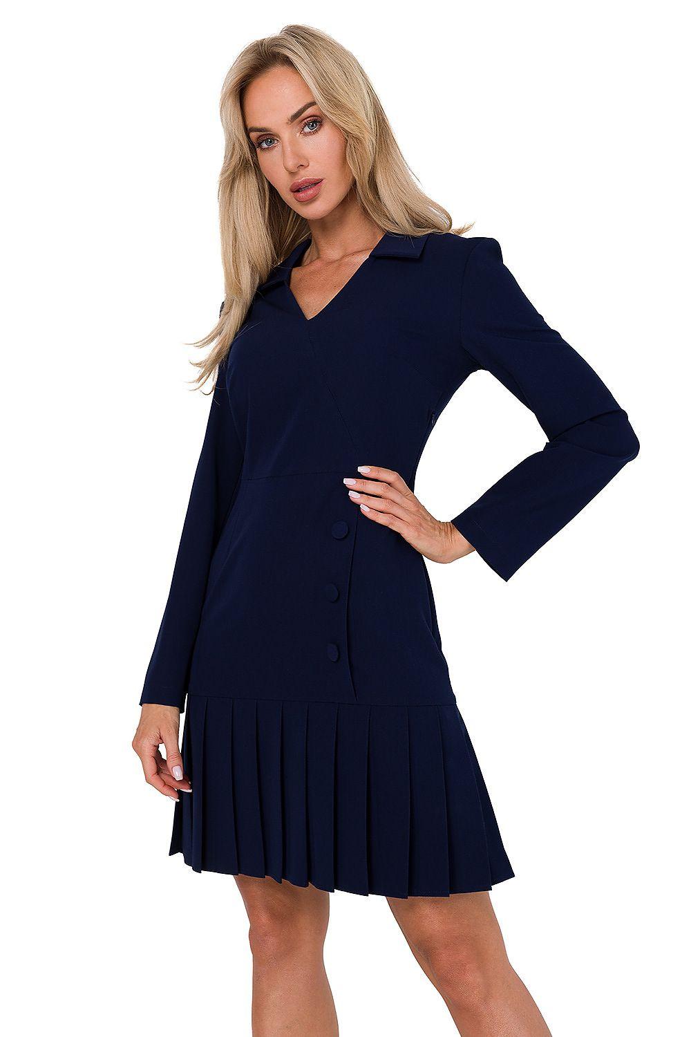 Navy blue V-neck long-sleeve daydress with buttons and pleated skirt