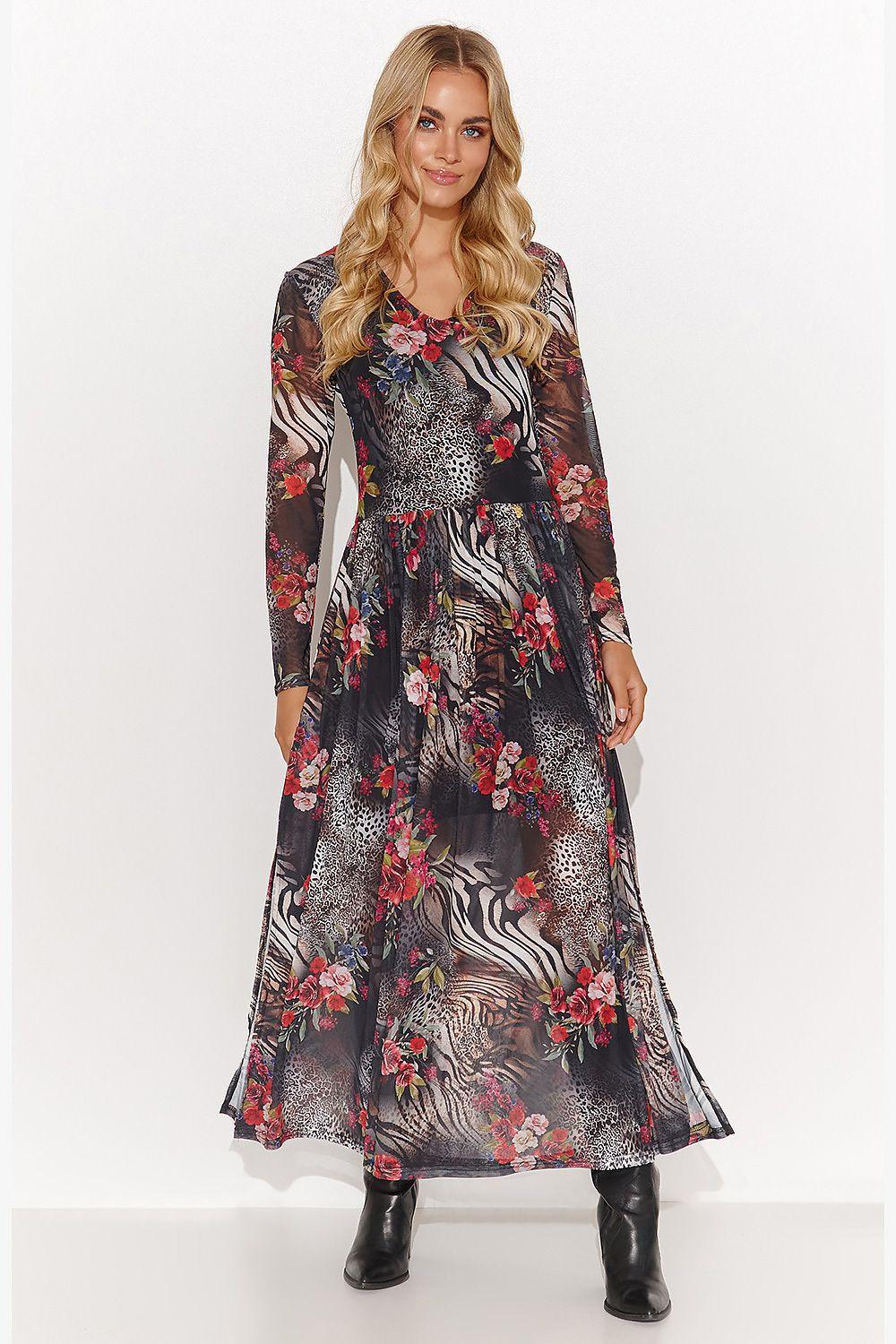 Floral and animal print maxi daydress with 3/4 sleeves and V-neck, dark base