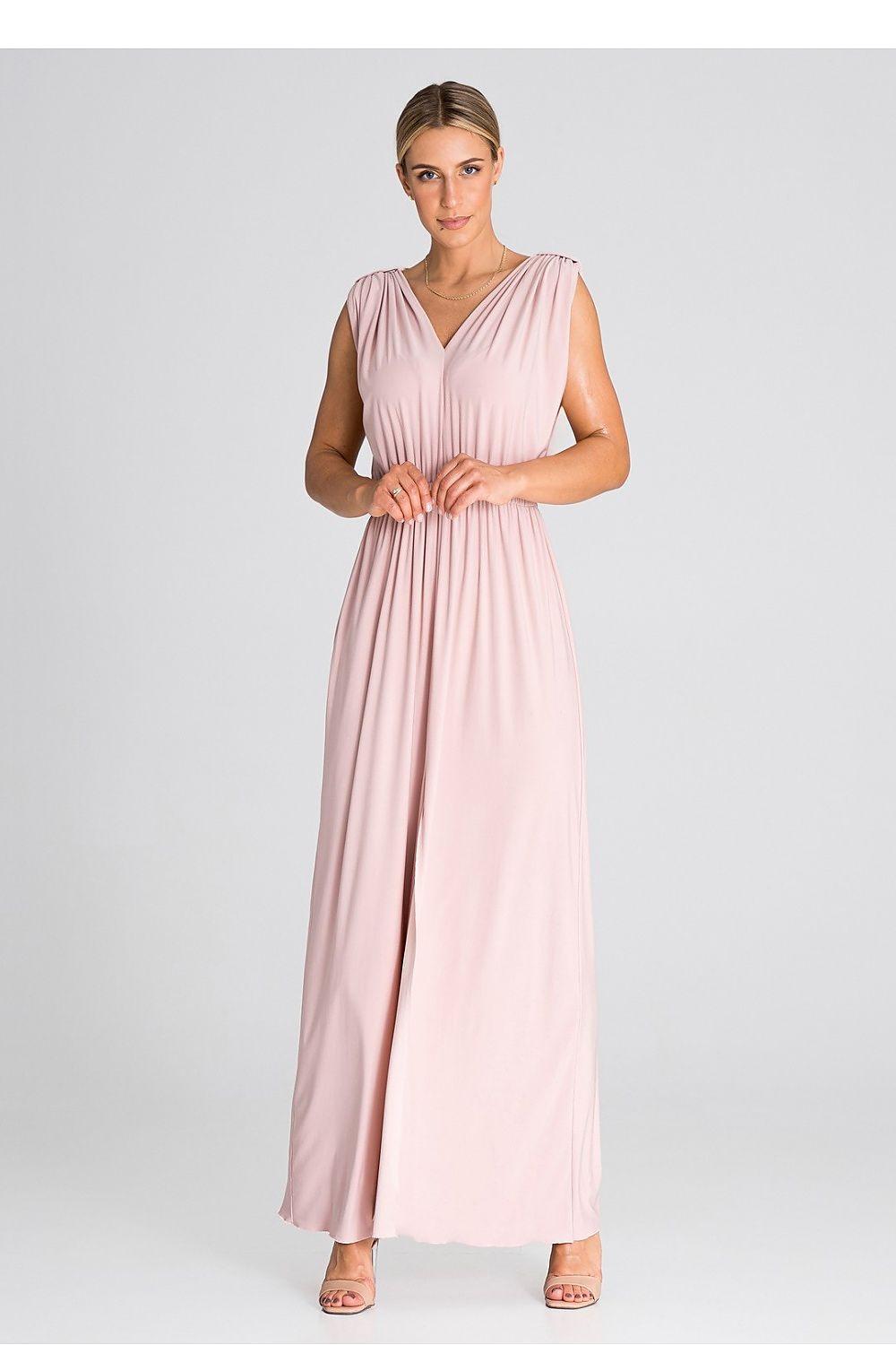 Pink sleeveless V-neck cocktail dress with gathered waist and long flowing skirt