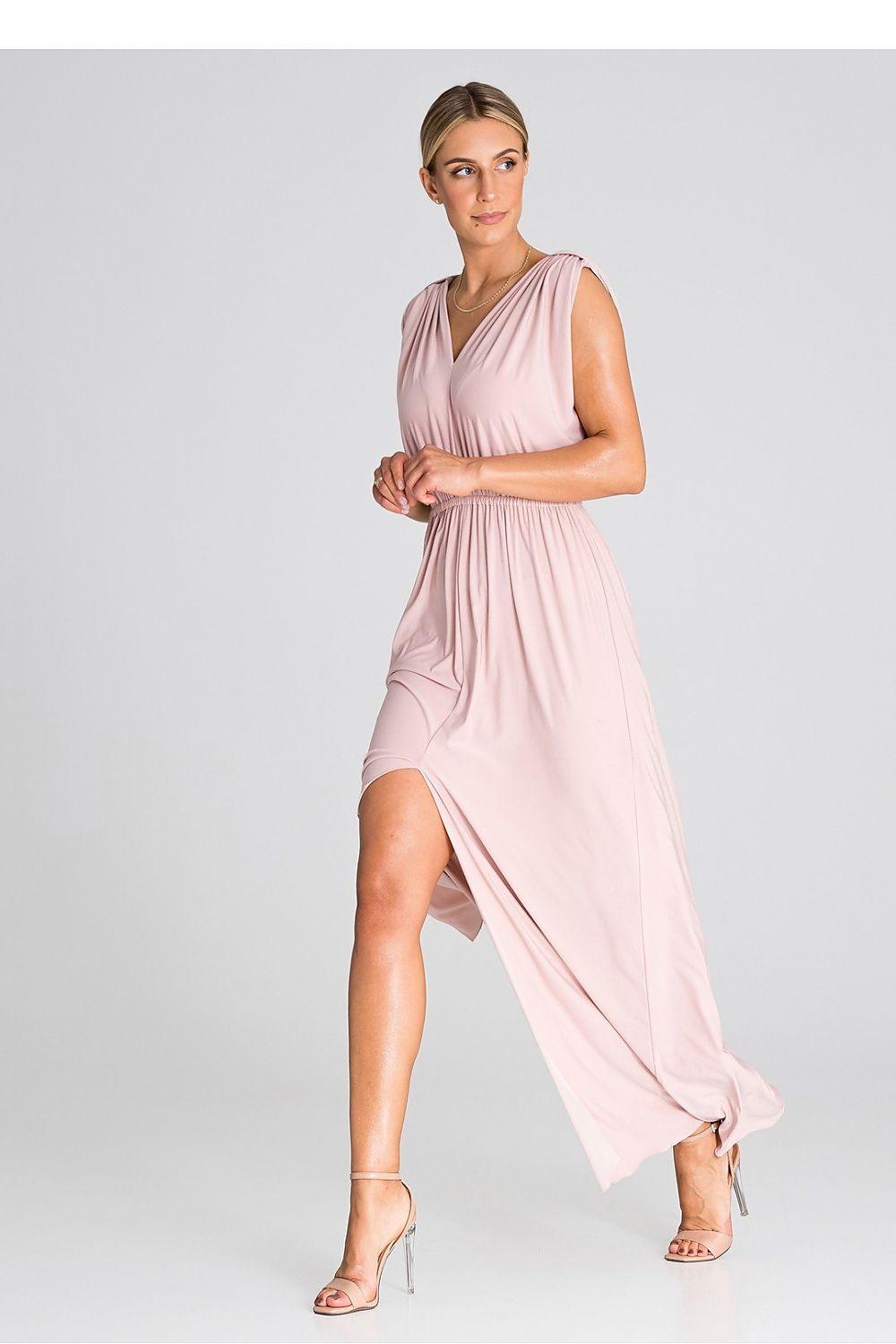 Pink sleeveless V-neck cocktail dress with side slit and draped long skirt