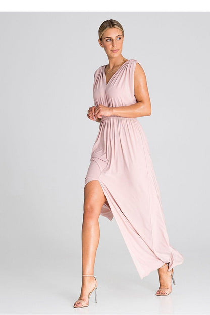 Pink sleeveless V-neck cocktail dress with side slit and draped long skirt